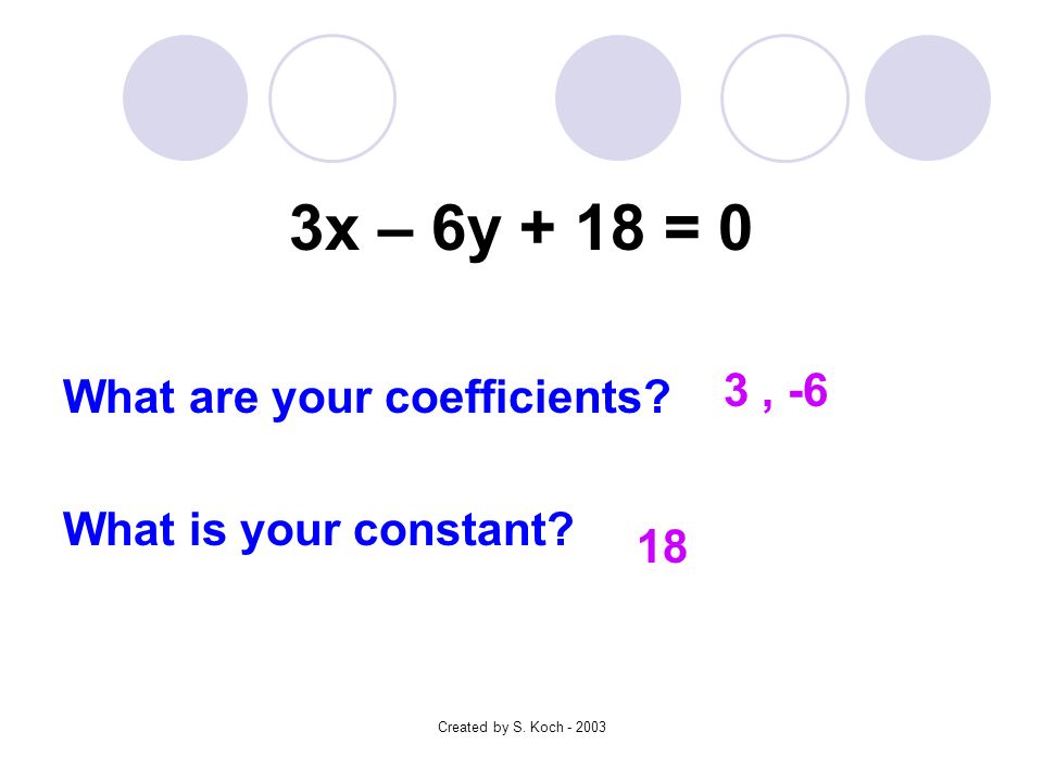 Created by S. Koch x – 6y + 18 = 0 What are your coefficients.