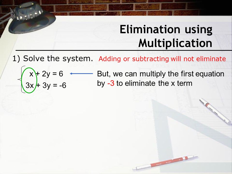 Elimination using Multiplication 1) Solve the system.