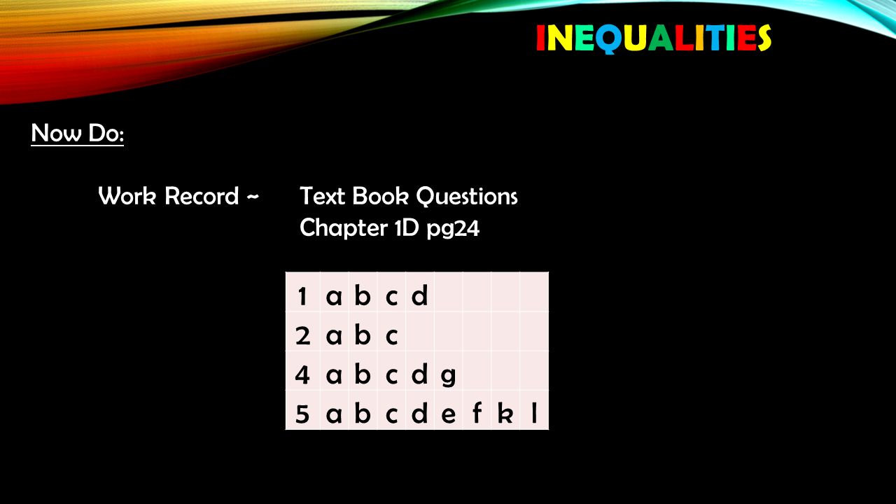 INEQUALITIESINEQUALITIESINEQUALITIESINEQUALITIES Now Do: Work Record ~ Text Book Questions Chapter 1D pg24 1abcd 2abc 4abcdg 5abcdefkl