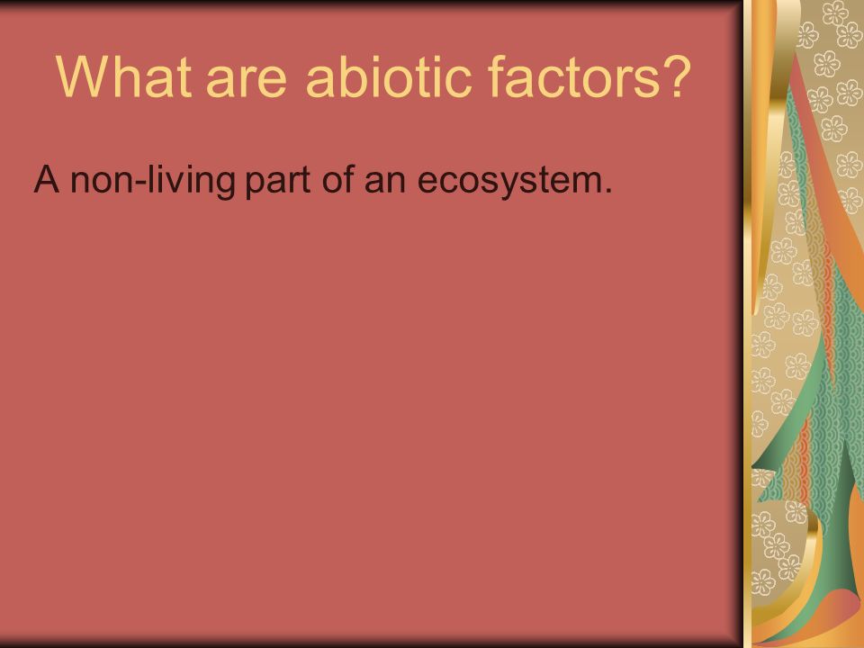 What are abiotic factors A non-living part of an ecosystem.