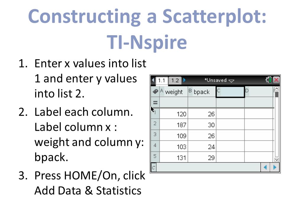 Constructing a Scatterplot: TI-Nspire 1. Enter x values into list1 and enter y valuesinto list 2.