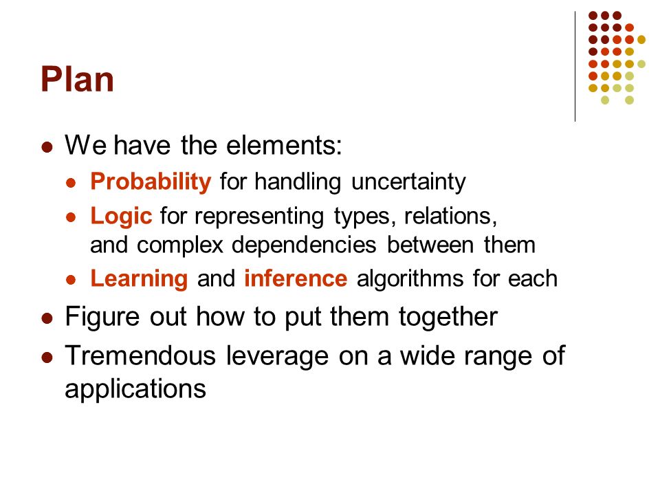 Plan We have the elements: Probability for handling uncertainty Logic for representing types, relations, and complex dependencies between them Learning and inference algorithms for each Figure out how to put them together Tremendous leverage on a wide range of applications