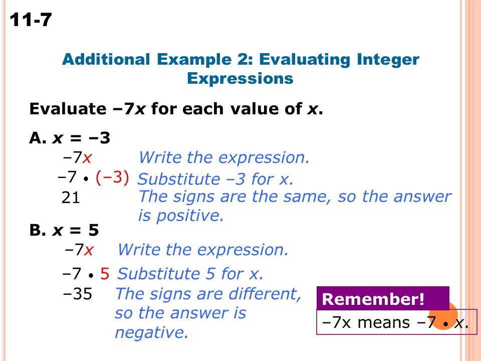 11-7 Multiplying Integers Additional Example 2: Evaluating Integer Expressions Evaluate –7x for each value of x.