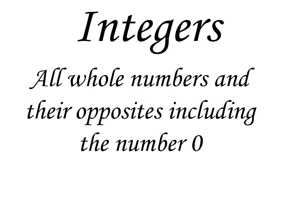 Integers All whole numbers and their opposites including the number 0