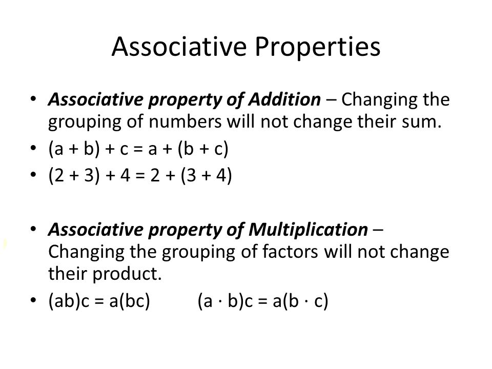 Associative property of Addition – Changing the grouping of numbers will not change their sum.