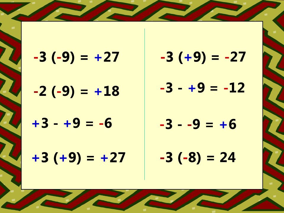 -3 (-9) = = = -3 (-8) = = = (+9) = -2 (-9) = = +3 (+9) = -3 (+9) = (-8) = (-9) = (+9) = = (-9) = +18