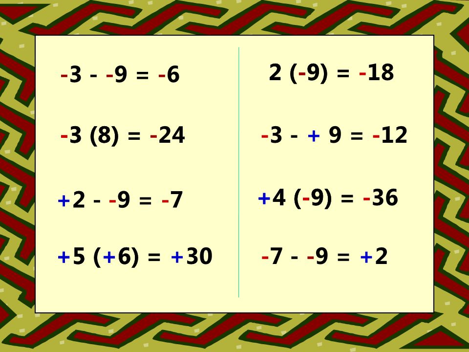 = = = = = = = = +2 2 (-9) = -3 (8) = +4 (-9) = +5 (+6) =+5 (+6) = (-9) = (-9) = (8) = -24