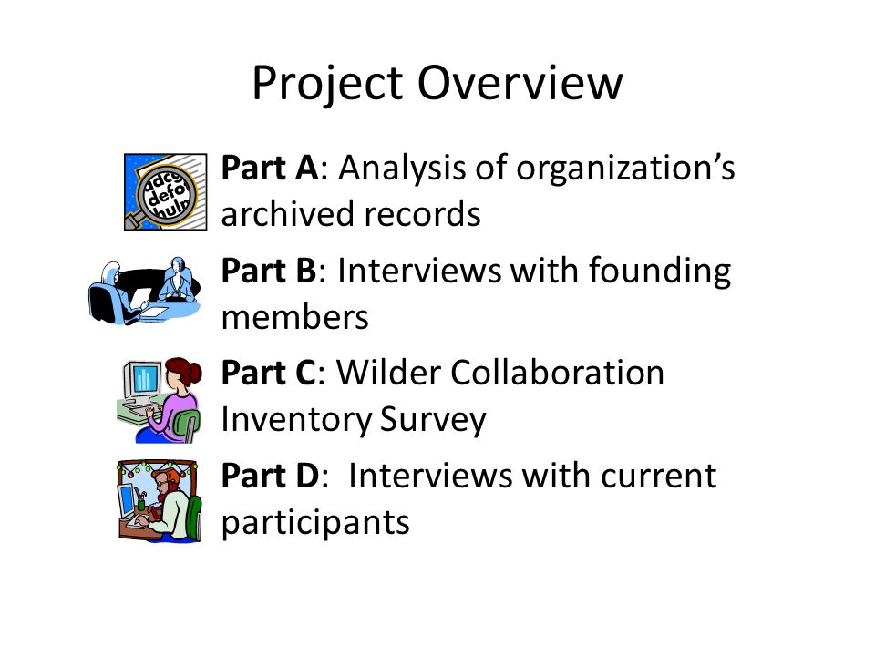 Project Overview Part A: Analysis of organization’s archived records Part B: Interviews with founding members Part C: Wilder Collaboration Inventory Survey Part D: Interviews with current participants