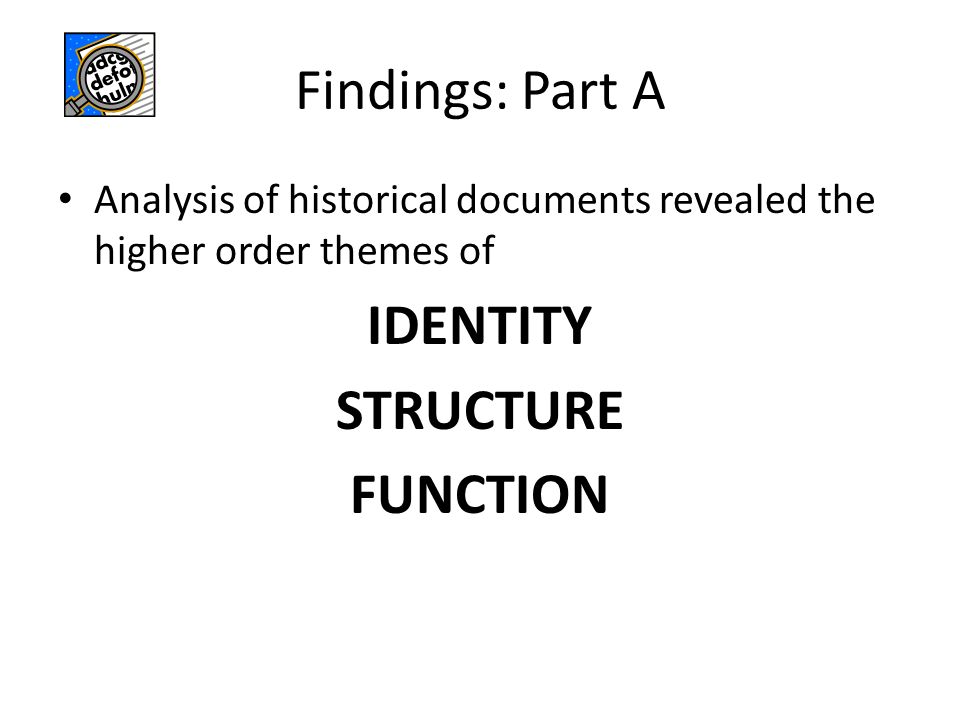Findings: Part A Analysis of historical documents revealed the higher order themes of IDENTITY STRUCTURE FUNCTION