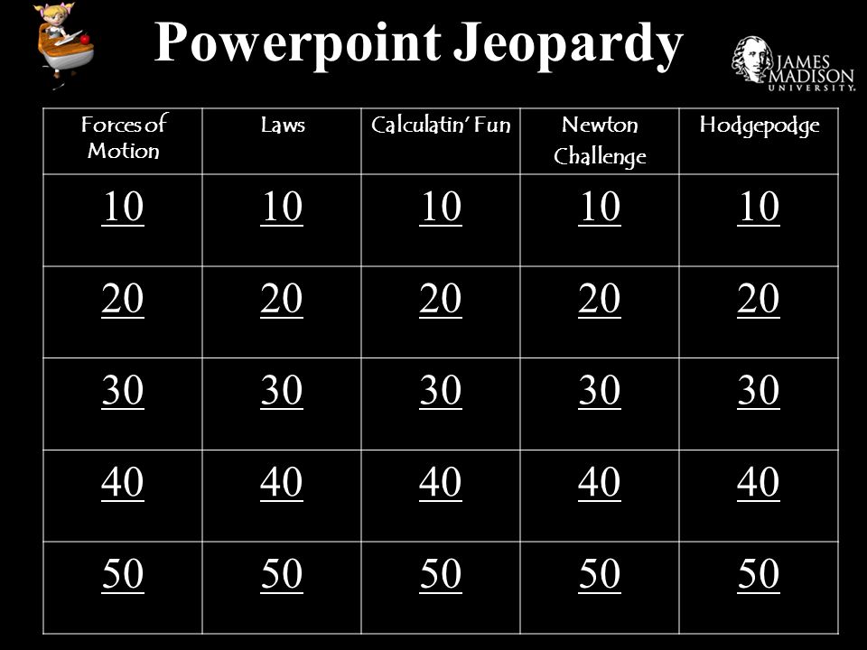 Powerpoint Jeopardy Forces of Motion LawsCalculatin’ FunNewton Challenge Hodgepodge