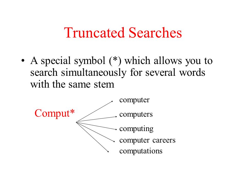 Effective Search Strings Continued. Truncated Searches A special symbol (*)  which allows you to search simultaneously for several words with the same.  - ppt download