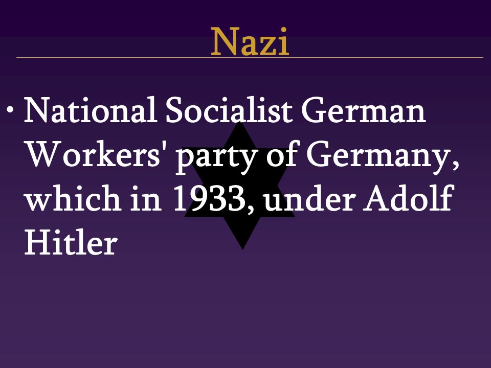 Nazi National Socialist German Workers party of Germany, which in 1933, under Adolf Hitler