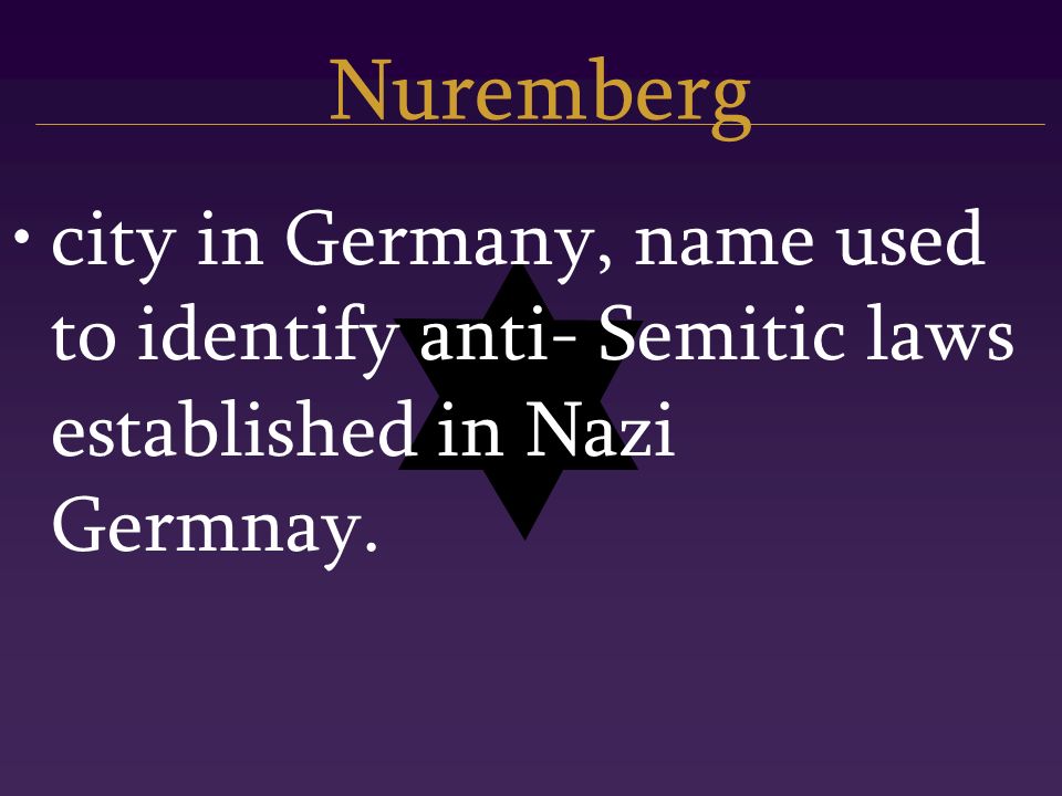 Nuremberg city in Germany, name used to identify anti- Semitic laws established in Nazi Germnay.