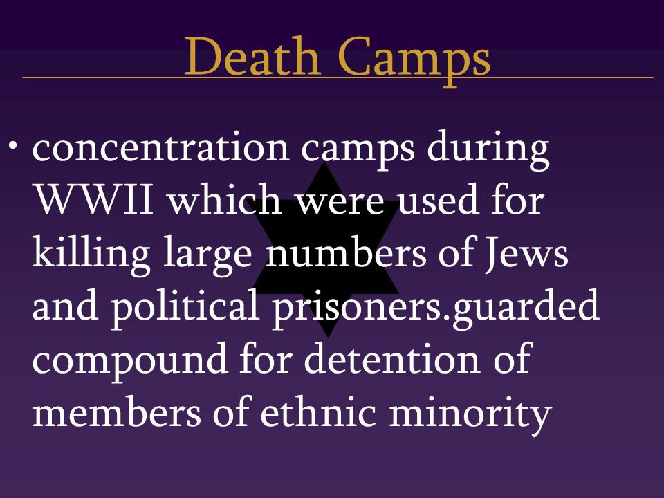 Death Camps concentration camps during WWII which were used for killing large numbers of Jews and political prisoners.guarded compound for detention of members of ethnic minority