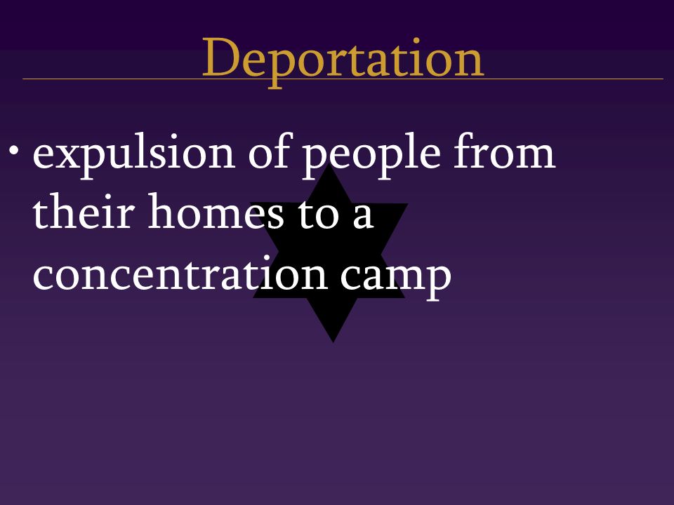 Deportation expulsion of people from their homes to a concentration camp