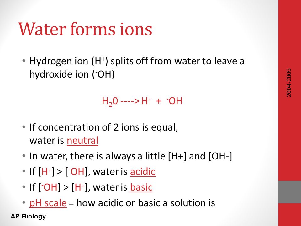 AP Biology Water forms ions Hydrogen ion (H + ) splits off from water to leave a hydroxide ion ( - OH) H > H OH If concentration of 2 ions is equal, water is neutral In water, there is always a little [H+] and [OH-] If [H + ] > [ - OH], water is acidic If [ - OH] > [H + ], water is basic pH scale = how acidic or basic a solution is