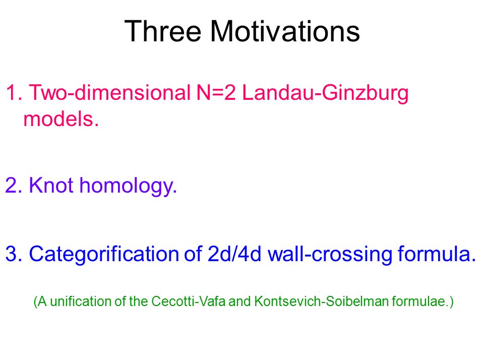 Three Motivations 1. Two-dimensional N=2 Landau-Ginzburg models.