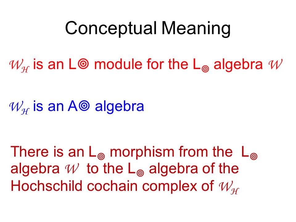 Conceptual Meaning W H is an L  module for the L  algebra W There is an L  morphism from the L  algebra W to the L  algebra of the Hochschild cochain complex of W H W H is an A  algebra