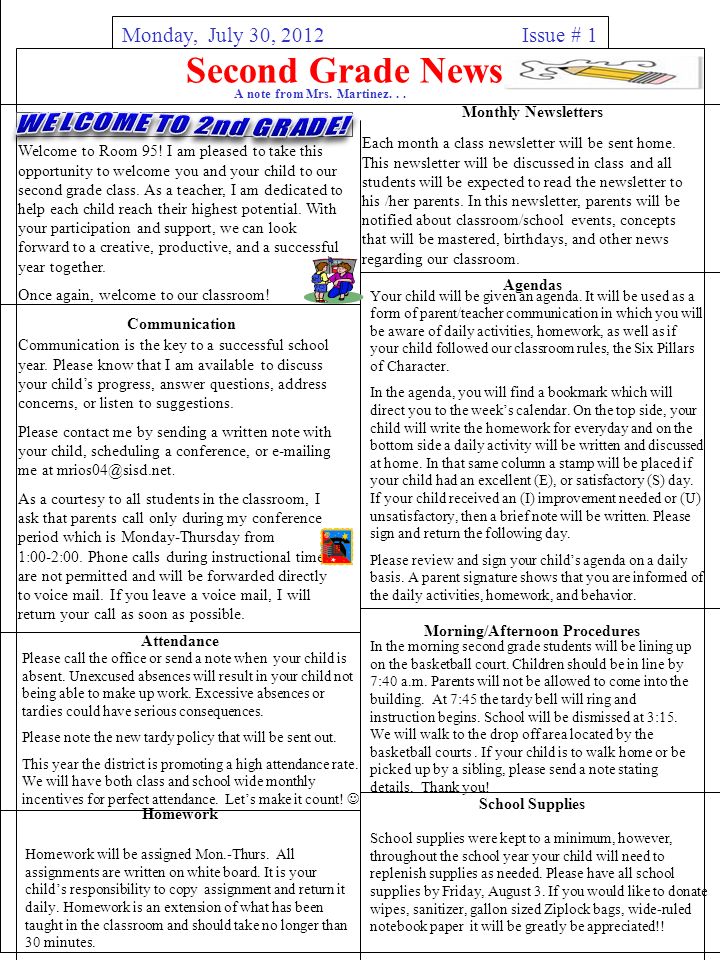 Second Grade News Issue # 1 A note from Mrs. Martinez...