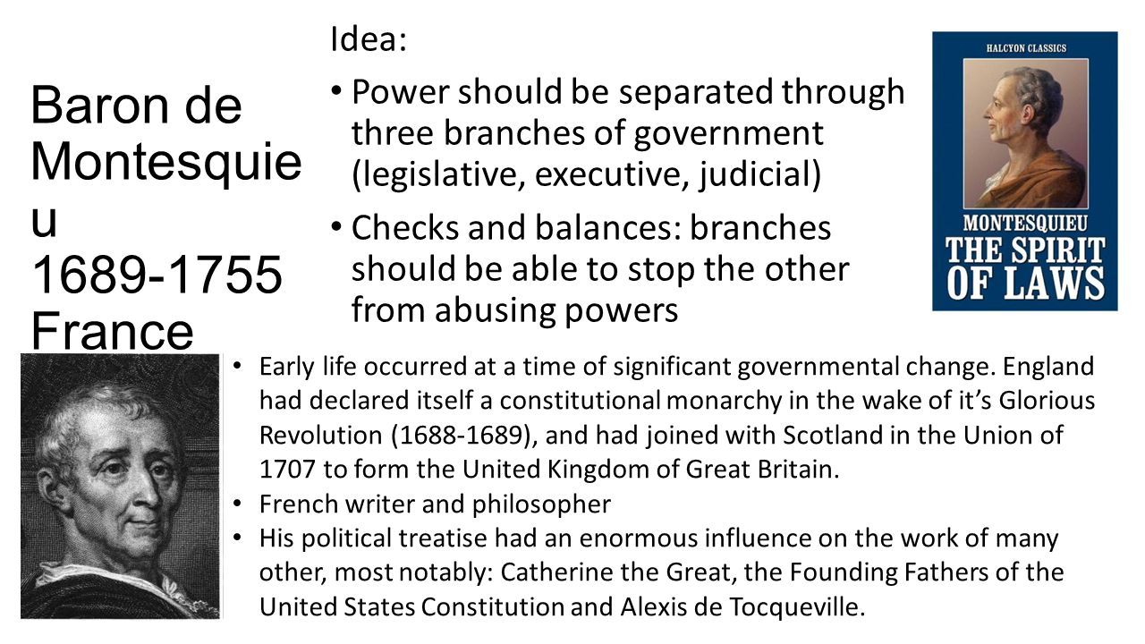 Baron de Montesquie u France Idea: Power should be separated through three branches of government (legislative, executive, judicial) Checks and balances: branches should be able to stop the other from abusing powers Early life occurred at a time of significant governmental change.