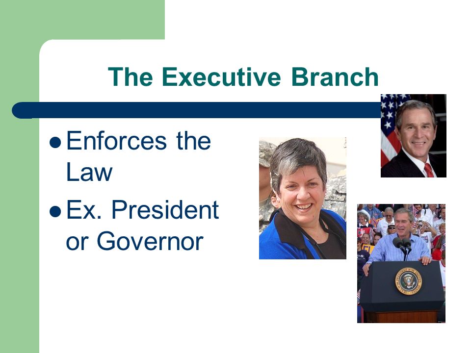 The Executive Branch Enforces the Law Ex. President or Governor
