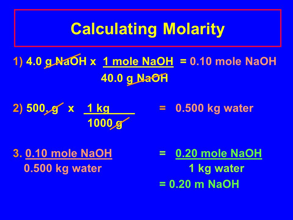 Calculating Molarity 1) 4.0 g NaOH x 1 mole NaOH = 0.10 mole NaOH 40.0 g NaOH 2) 500.