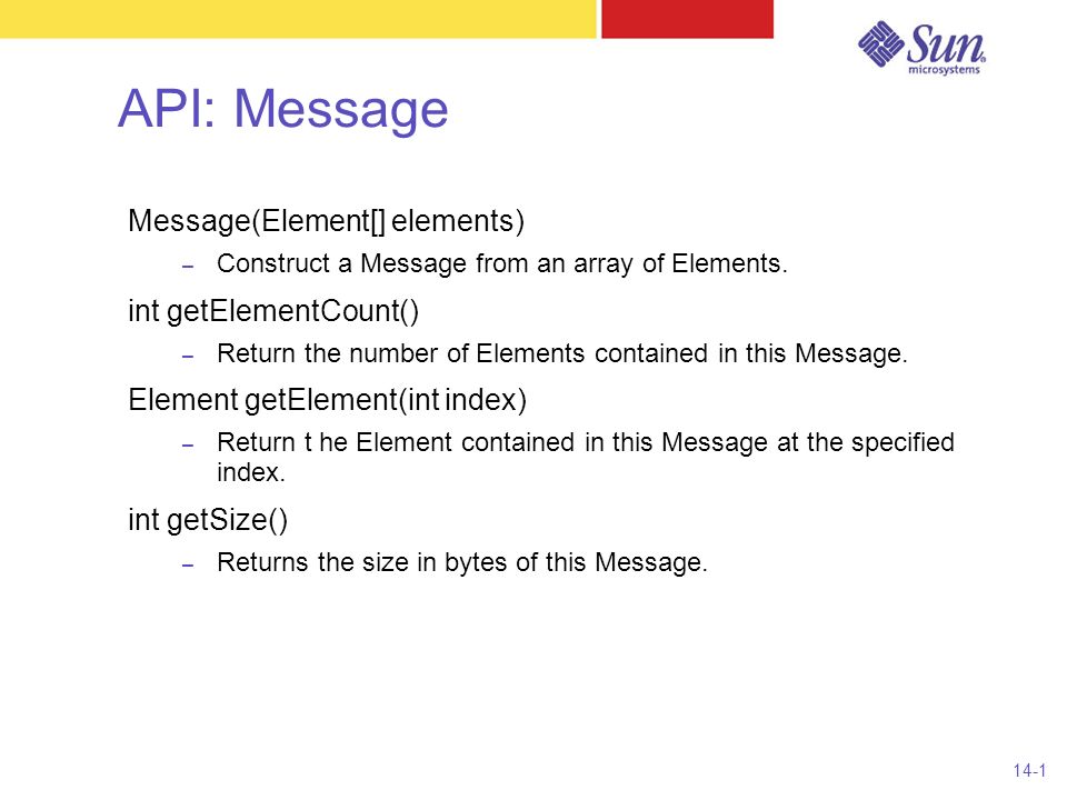 14-1 API: Message Message(Element[] elements) – Construct a Message from an array of Elements.
