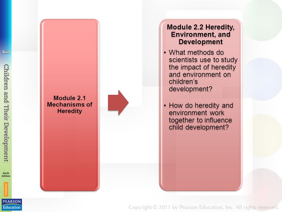 Module 2.1 Mechanisms of Heredity Module 2.2 Heredity, Environment, and Development What methods do scientists use to study the impact of heredity and environment on children’s development.