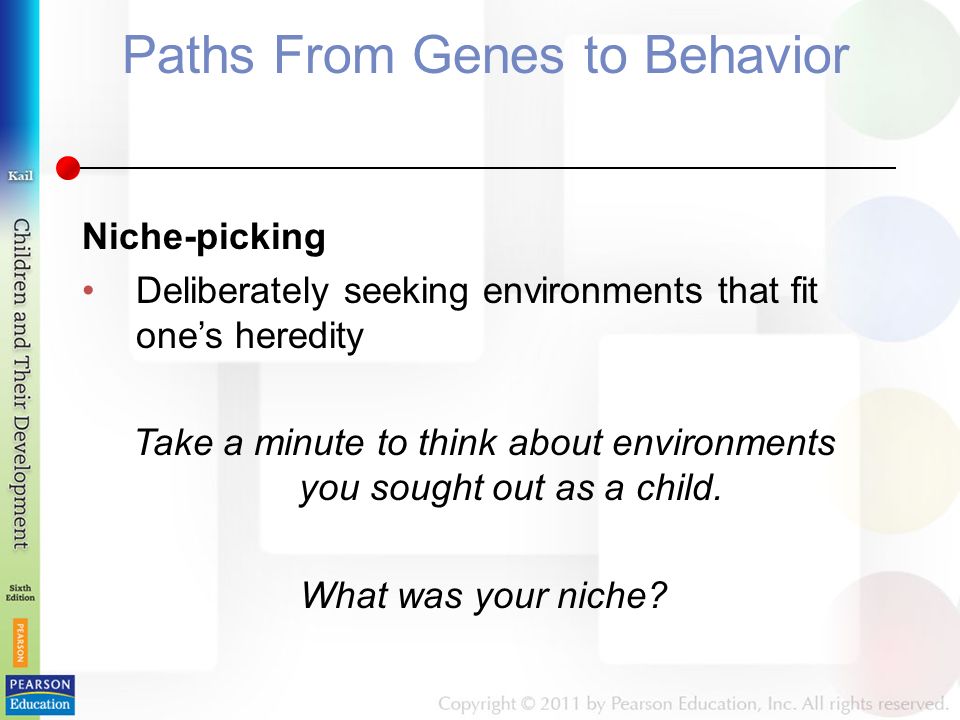 Paths From Genes to Behavior Niche-picking Deliberately seeking environments that fit one’s heredity Take a minute to think about environments you sought out as a child.