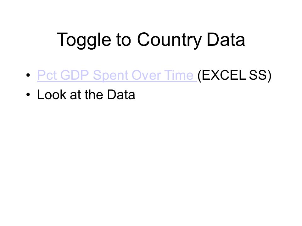 Toggle to Country Data Pct GDP Spent Over Time (EXCEL SS)Pct GDP Spent Over Time Look at the Data
