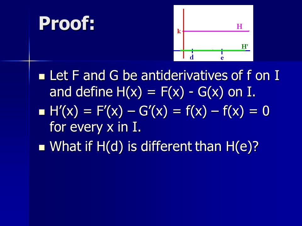 Proof: H’(x) = F’(x) – G’(x) = f(x) – f(x) = 0 for every x in I.