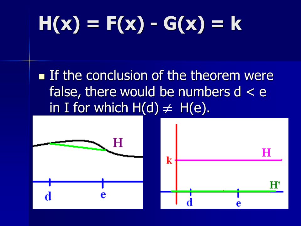 H(x) = F(x) - G(x) = k If the conclusion of the theorem were false, there would be numbers d < e in I for which H(d) H(e).
