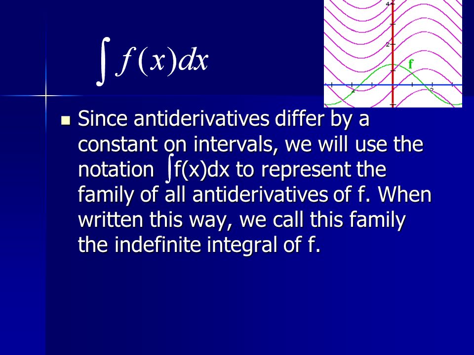 Since antiderivatives differ by a constant on intervals, we will use the notation f(x)dx to represent the family of all antiderivatives of f.