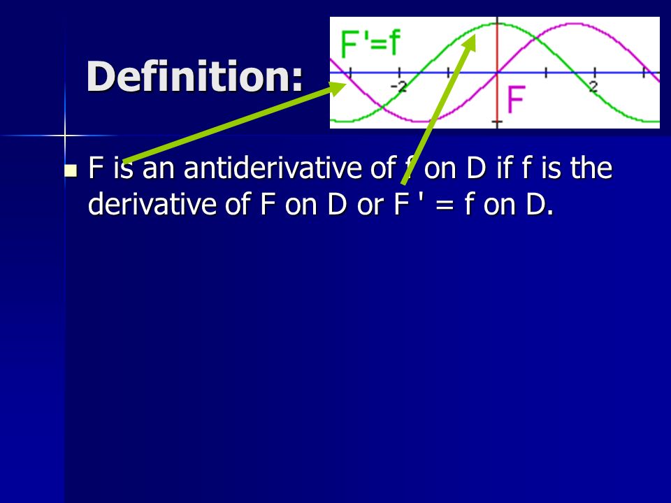 Definition: F is an antiderivative of f on D if f is the derivative of F on D or F = f on D.