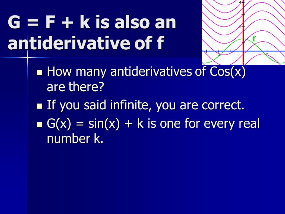 G = F + k is also an antiderivative of f How many antiderivatives of Cos(x) are there.