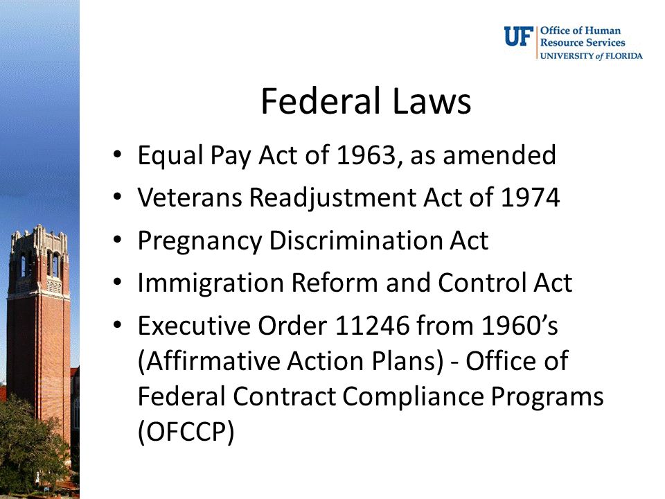 Federal Laws Equal Pay Act of 1963, as amended Veterans Readjustment Act of 1974 Pregnancy Discrimination Act Immigration Reform and Control Act Executive Order from 1960’s (Affirmative Action Plans) - Office of Federal Contract Compliance Programs (OFCCP)
