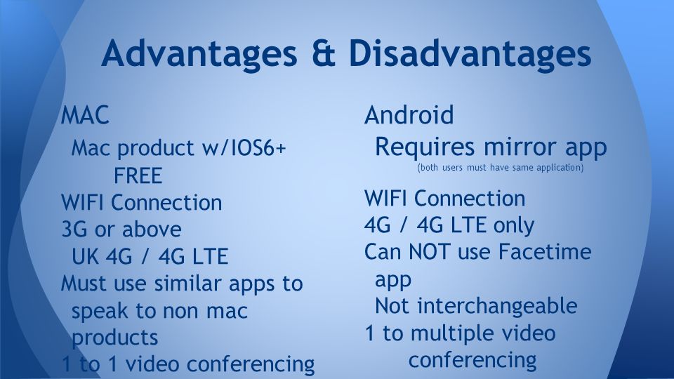 Advantages & Disadvantages MAC Mac product w/IOS6+ FREE WIFI Connection 3G or above UK 4G / 4G LTE Must use similar apps to speak to non mac products 1 to 1 video conferencing Android Requires mirror app (both users must have same application) WIFI Connection 4G / 4G LTE only Can NOT use Facetime app Not interchangeable 1 to multiple video conferencing