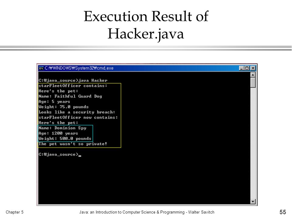 Chapter 5Java: an Introduction to Computer Science & Programming - Walter Savitch 55 Execution Result of Hacker.java