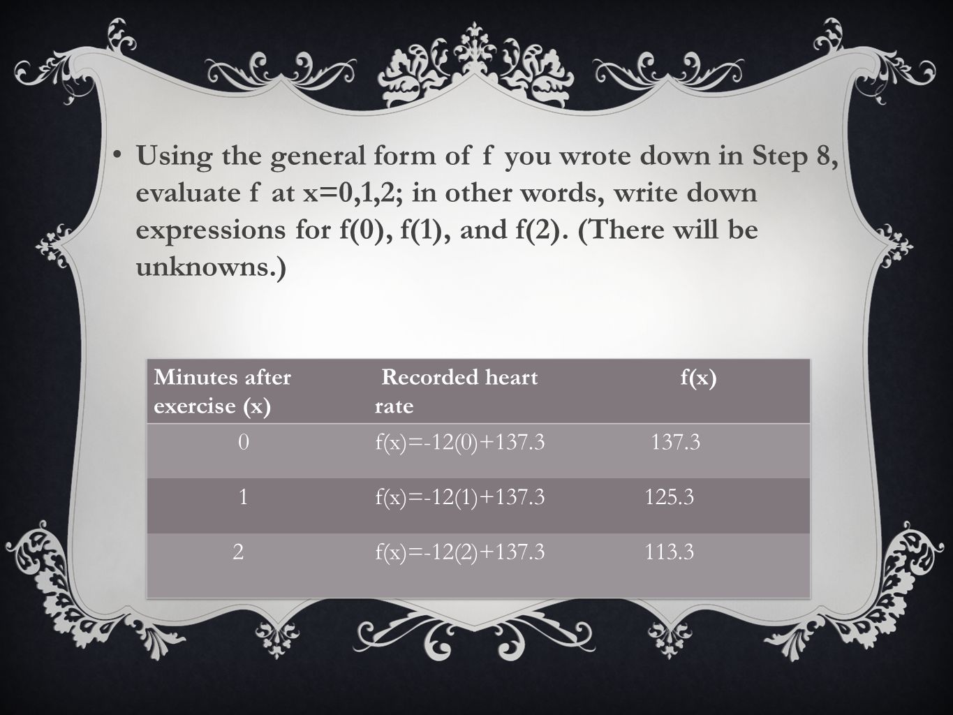 Using the general form of f you wrote down in Step 8, evaluate f at x=0,1,2; in other words, write down expressions for f(0), f(1), and f(2).