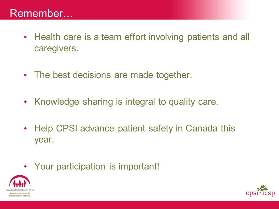 Remember… Health care is a team effort involving patients and all caregivers.