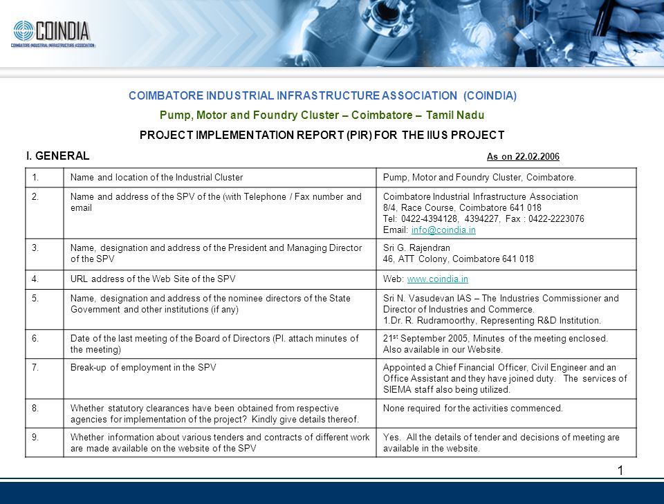 1 COIMBATORE INDUSTRIAL INFRASTRUCTURE ASSOCIATION (COINDIA) Pump ... 1 COIMBATORE INDUSTRIAL INFRASTRUCTURE ASSOCIATION (COINDIA) Pump ...