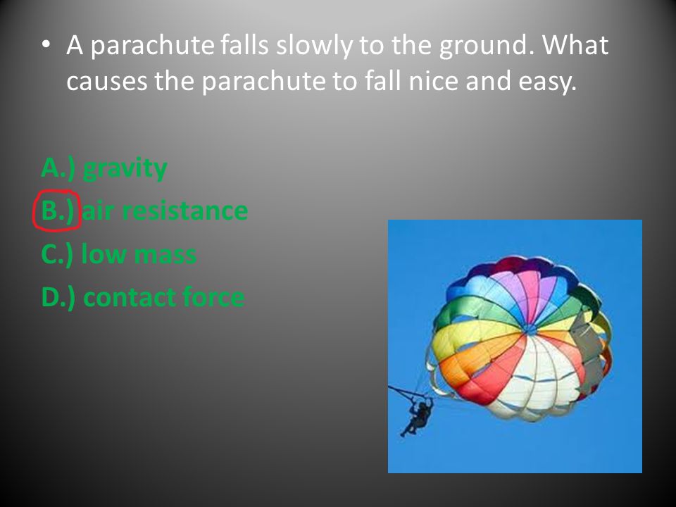 A parachute falls slowly to the ground. What causes the parachute to fall nice and easy.