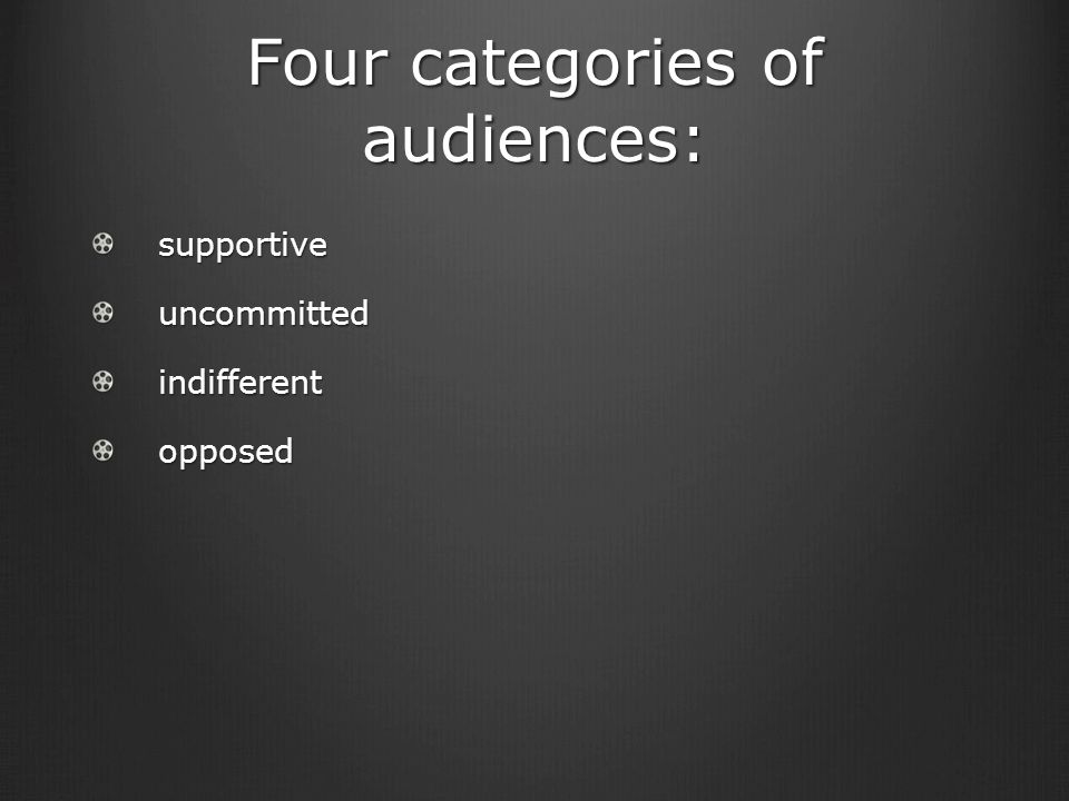 Four categories of audiences: supportiveuncommittedindifferentopposed