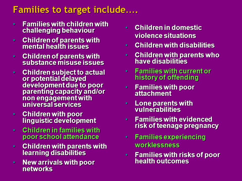 Families to target include ….