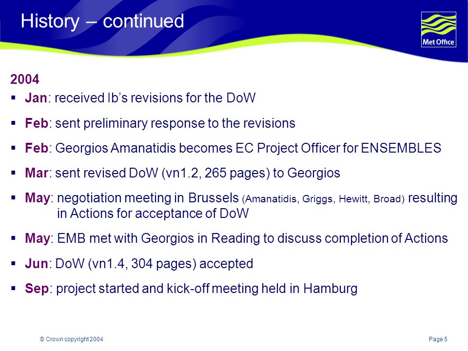 Page 5© Crown copyright 2004 History – continued 2004  Jan: received Ib’s revisions for the DoW  Feb: sent preliminary response to the revisions  Feb: Georgios Amanatidis becomes EC Project Officer for ENSEMBLES  Mar: sent revised DoW (vn1.2, 265 pages) to Georgios  May: negotiation meeting in Brussels (Amanatidis, Griggs, Hewitt, Broad) resulting in Actions for acceptance of DoW  May: EMB met with Georgios in Reading to discuss completion of Actions  Jun: DoW (vn1.4, 304 pages) accepted  Sep: project started and kick-off meeting held in Hamburg