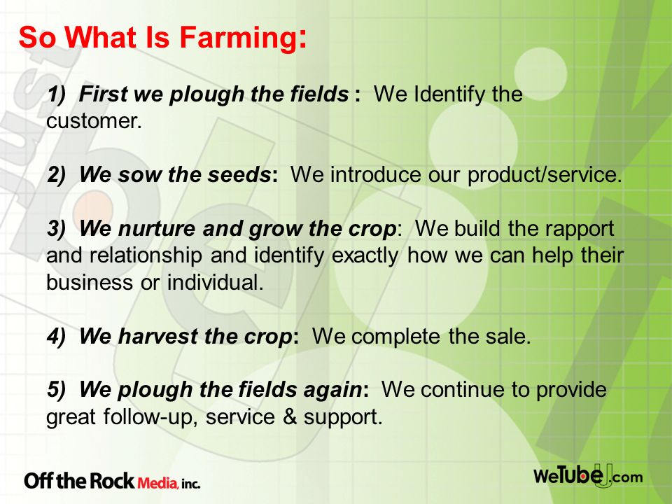 So What Is Farming : 1) First we plough the fields : We Identify the customer.