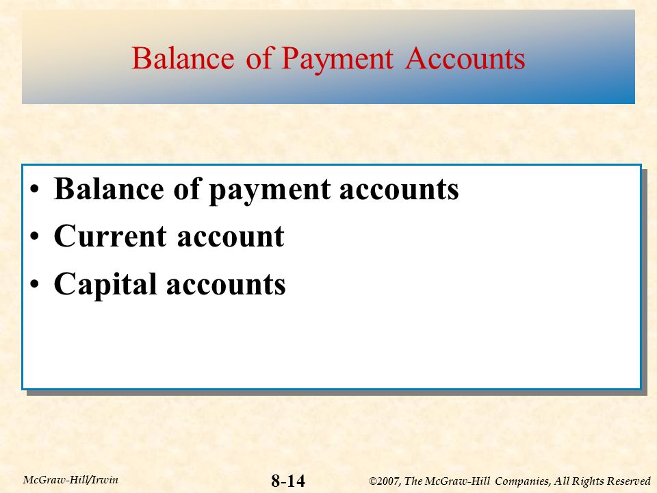 ©2007, The McGraw-Hill Companies, All Rights Reserved 8-14 McGraw-Hill/Irwin Balance of Payment Accounts Balance of payment accounts Current account Capital accounts Balance of payment accounts Current account Capital accounts