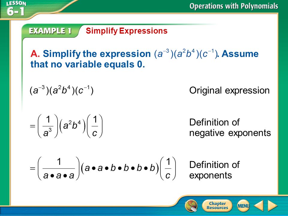 Example 1 Simplify Expressions A. Simplify the expression.