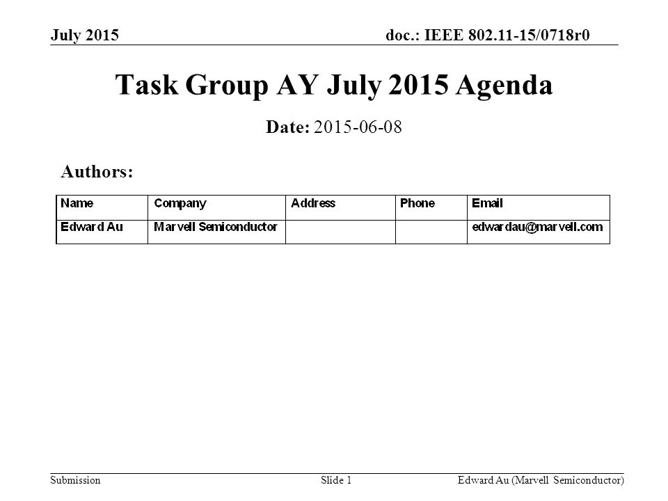 doc.: IEEE /0718r0 Submission July 2015 Edward Au (Marvell Semiconductor)Slide 1 Task Group AY July 2015 Agenda Date: Authors: