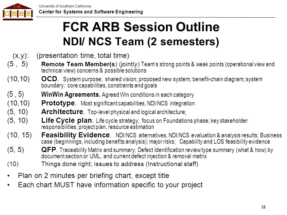 University of Southern California Center for Systems and Software Engineering FCR ARB Session Outline NDI/ NCS Team (2 semesters) (x,y): (presentation time, total time) (5, 5) Remote Team Member(s) (jointly) Team’s strong points & weak points (operational view and technical view) concerns & possible solutions (10,10) OCD.